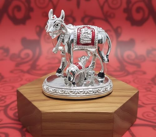Image of ARNAVIRA 999 Silver Plated Antique Vastu Kamdhenu Cow with Calf Idol with Lakshmi Remedy for Wedding & Housewarming Gift | Pooja Room Height 2.5 Inch (Silver, Small, Kamdhenu Cow 02)