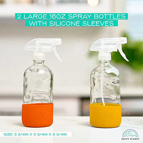 SAVVY PLANET - Glass Spray Bottles for Cleaning, Silicone Sleeve Bottom for Protection, Reusable Glass Spray Bottles 16 Oz With Adjustable Nozzle Settings (2 Pack)