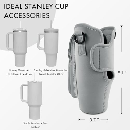 Image of Water Bottle Carrier Bag with Phone Pocket for Stanley Cup 40 /30 oz, Water Bottle Holder with Adjustable Strap& Straw Cover, Stanley Cup Accessories (Grey)