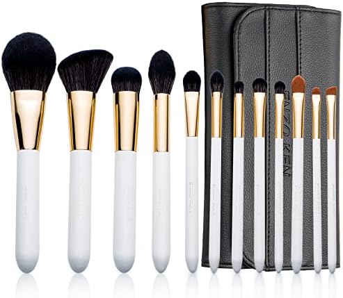 Natural Black Goat Hair Makeup Brush Set Professional by Luxury ENZO KEN, Extra Soft Real Hair Face Eye Brushes, Luxe White Eyeshadow Brush Sets with Trave Case, 12 Pieces Gold Beauty Basic Sets & Kits- Large Thick Organic Contour Brushes with Roll up Bag
