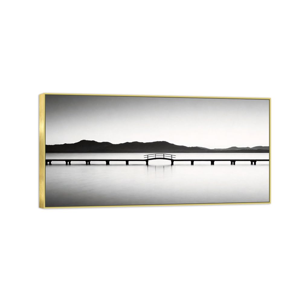 Sea Mountain Black White Landscape Canvas Picture 60x120cm Gold Frame