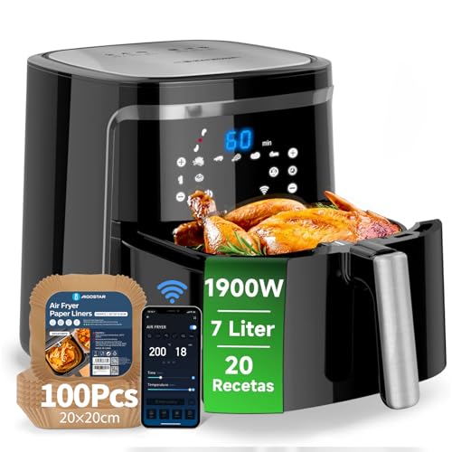 Aigostar Cube Smart con Papel Freidora Aire 100 Unidades, Freidora de aire inteligente sin aceite, Conexión Wifi, 1900W, 7L, Modo manual, Pantalla LED táctil, 7 funciones + mantener caliente