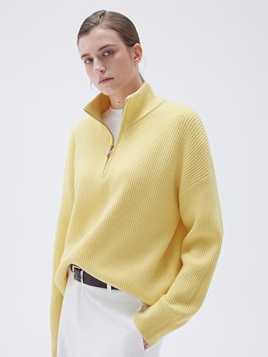 Image of SUUKSESS Women Cashmere Blend Oversized Quarter Zip Pullover Sweater Long Sleeve Collared Ribbed Knit Jumper Tops