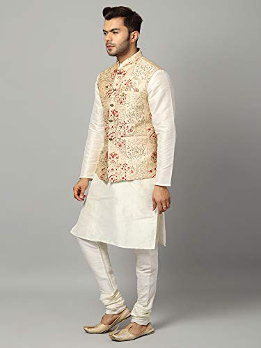 Image of Uri and MacKenzie Men's Silk Blend Regular Kurta Churidar Pyjama with Bundi Nehru Jacket /Waistcoat