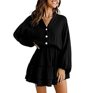 ARTFREE Womens Mini Dress Long Lantern Sleeves Dress V Neck Button Down Ruffle Tiered Solid Swing...