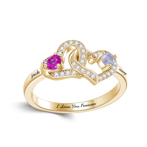 Birthstone Mother Promise Rings Solid 10k 14k 18k Gold Engraved 2 Names Customized 2 Birthstones Christmas For Mom Wife Lover