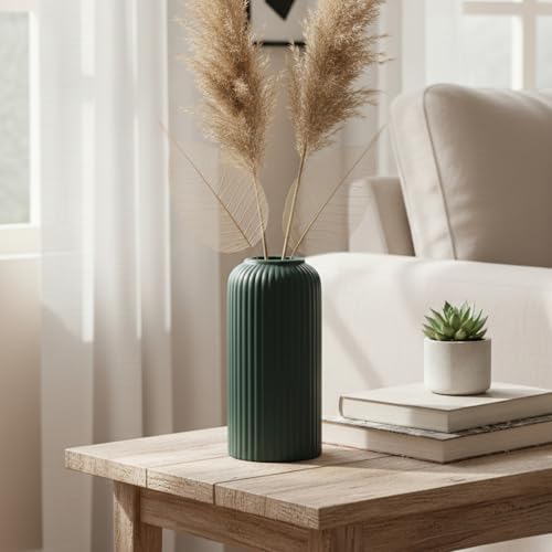 Image of KREATIVE ART'S Modern Ribbed Design Ceramic Flower Vase for Living Room, Flower Pots for Artificial Flower, Home Decoration Item, Home Decor, Vases for Living Room (Dark Green, Small)