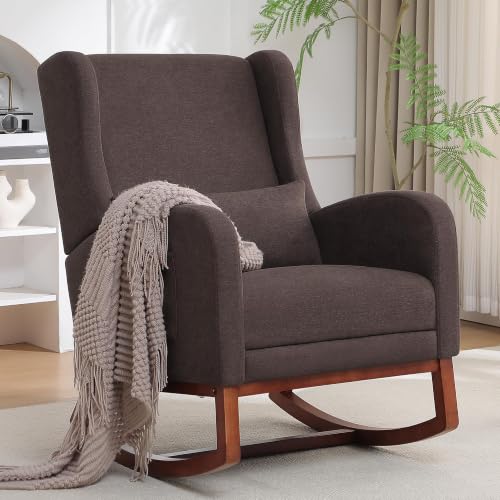 Image of HCHAIRH Rocking Chair Nursery with Foot Rest, Wingback Nursery Rocking Chairs, Nursing Glider Rocker Chair with Pillow for Nursery, Living Room, Bedroom, Dark Coffee