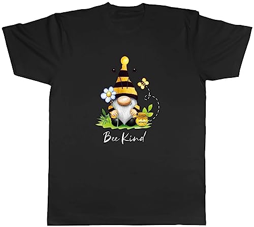 Image of Shopagift Bee Kind Mens T-Shirt Garden Gonk Gnome Bumblebee Tee Gift Black