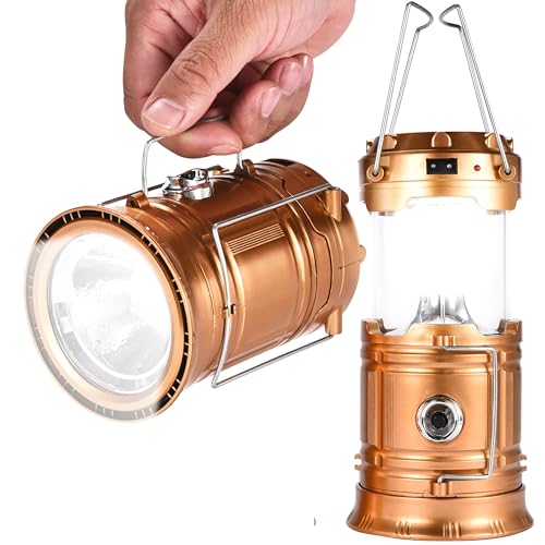 Wild Wolf Outfitters Solar Camping Lights - Rechargeable LED Lantern & Flashlight - Stainless Steel Handle - Portable & Collapsible - Ideal for Camping, Hiking, Emergencies - Gold
