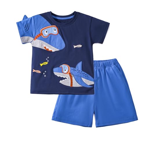 Image of HILEELANG Toddler Boy Summer Short Clothes Sets Cotton Crewneck Tees Shorts Pocket Adjustable Knite Shorts Playwear Sets