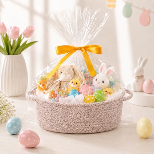 Image of Empty Gift Basket with Gift Bag & Ribbon, Woven Rope Basket, 12x8x5 inch