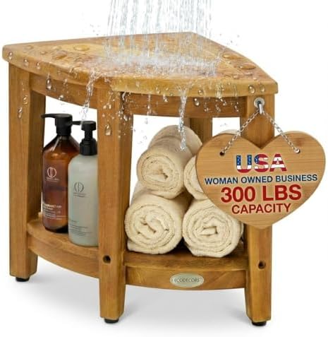 EcoDecors Corner Teak Shower Bench with Shelf – 16” x 18" Height-...