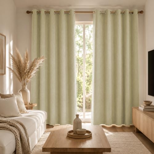 Image of LINENWALAS 100% Blackout Curtains for Door (7 Feet) - Set of 2 Panels, Herringbone Linen Texture Complete Light Block, Thermal Insulated & Noise Reducing Room Darkening Drapes (Beige)
