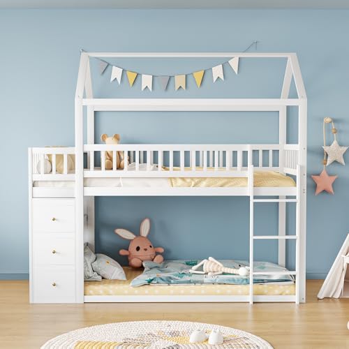 Litera de 90 x 200 cm, forma de casa, diseño de valla de seguridad, con cajonera y estantes, cama alta baja con escalera, marco de madera maciza, blanco (blanco)