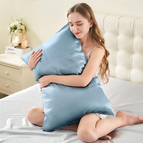 Image of INFIIXSO Silk Pillow Cases 2 Pack Standard Size, Ultra Smooth & Soft Mulberry Silk Pillow Case for Hair and Skin, Breathable Cooling Silk Pillowcase with Hidden Zipper (Airy Blue, 20x26 Inches)
