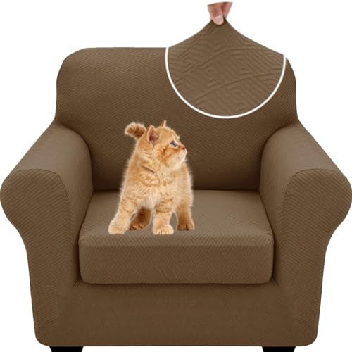 XINEAGE New 2 Pieces Chair Covers with Arms Super Stretch Chair Slipcover for Living Room Pet Dog Universal Slip Cover Anti Slip Armchair Furniture Protector (Brown), 31"-46"(1 Cushion)