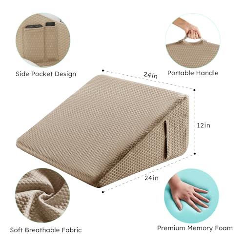 Image of Bedluxe Wedge Pillow, 12 inch Bed Wedge Pillow for Headboard, Pillow Wedge for Acid Reflux Relief, Sleeping, After Surgery, Snoring, Gerd, Triangle Pillow Wedge - Cooling Memory Foam Top, Coffee