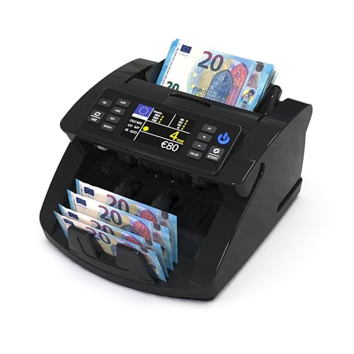 Detectalia V10 Banknotenzähler Kompatibel mit EUR/GBP/CHF/USD/SEK/DKK/PLN/TRY/AED/SAR mit UV-MG-IR-MT-DD Erkennung, 3,5” TFT-Display + Externes Display, Gesamtwert, Batch & Add, 1000 Scheine/Minute