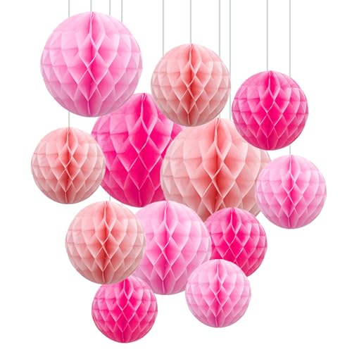 Image of ZOOYOO 12Pcs 6 inch 10 inch Honeycomb Balls Decorations Hanging Tissue Paper Pom Poms for Birthday Party Valentine's Day Wedding Girls Day Decorations(Pink)