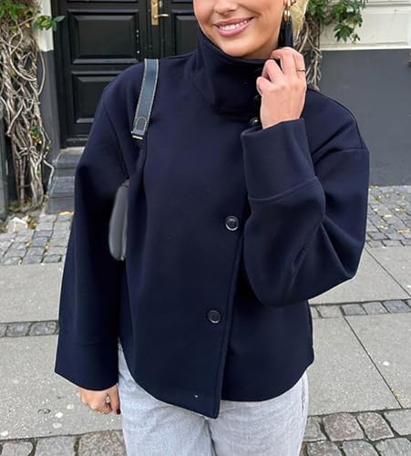chouyatou Women's Winter Stand Collar Crop Wool Coat Single Breasted Short Blazer Jacket Coat Outerwear4