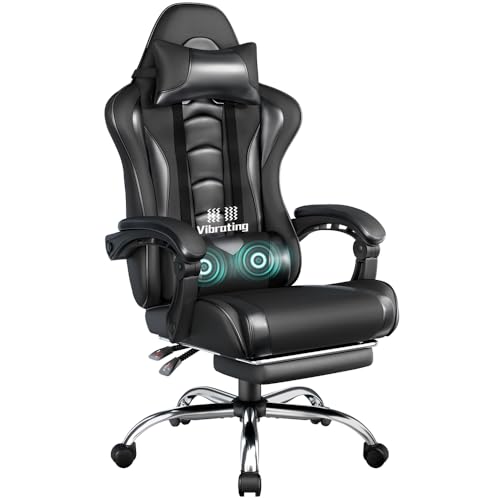 Yaheetech Fauteuil de Jeu Ergonomique massant inclinable avec Repose-Pieds appuie-tête et Support Lombaire accoudoirs rembourrés en Simili Cuir, Fauteuil Gamer de Bureau avec Roues pivotantes Noir