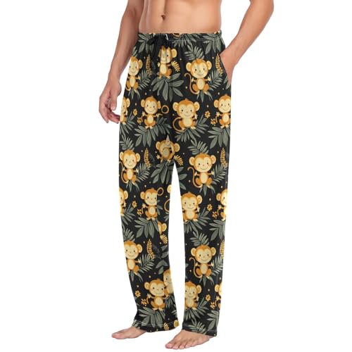Mens Pajama Pants Monkey Palm Leaves Flower Soft Lounge Sleep Pj Bottoms with Drawstring Pockets4