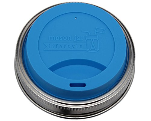Silicone Drinking Lids with Rust Proof Stainless Steel Bands by Mason Jar Lifestyle (2 Pack, Bright Blue, Wide Mouth)