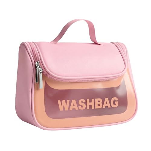 Image of Cosmetic Bag for Women, PU Leather Makeup Pouch, Large Capacity Travel Makeup Organizer with Divider & Handle, Waterproof Portable Vanity Storage Bag for Toiletries (Washing Bag-Pink)