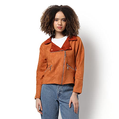 Image of Campus Sutra Women Brown Regular Fit Biker Jacket For Winter Wear | Collar Neck | Full Sleeve | Zipper | Casual Jacket For Woman & Girl | Western Stylish Jacket For Women