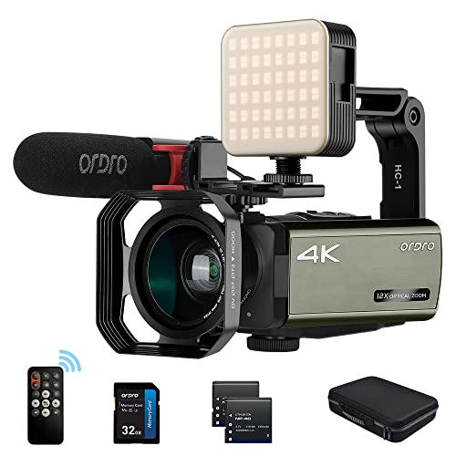 ORDRO AX65 Caméscope vidéo 4K Live Stream pour Vlogging YouTube 12x Zoom optique 3,5' Écran IPS 1080P 60 fps Enregistrement avec stabilisateur portable