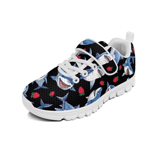 Kids Boys Girls Running Shoes Comfortable Lightweight Slip on Sneakers Athletic Tennis Shoes White Sole Shark Strawberry Pattern