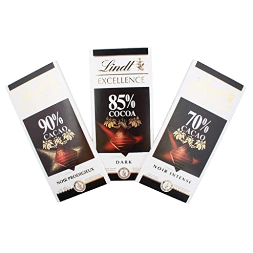 Image of Lindt Excellence Combo of 90%, 85% and 70% Cocoa Dark Chocolate Bar, 100g Each (Pack of 3)