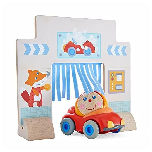 HABA Kullerbu Drive Thru Car Wash Accessory - with Red Convertible Car and Ball Hanni - Compatible with Any Wooden Railway