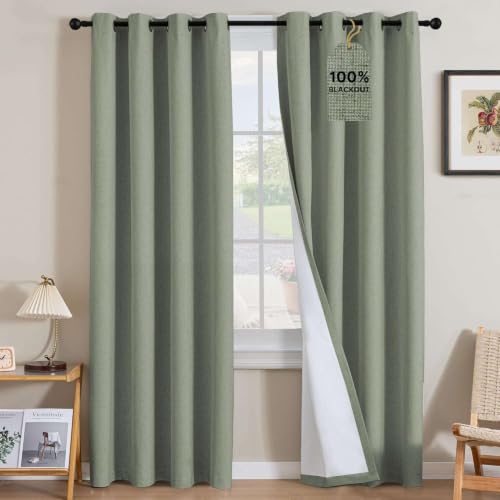 Image of H.VERSAILTEX Linen Curtains 100% Blackout Curtains for Bedroom 108 inch Long Full Light Blocking Nature Linen Blended Window Curtains for Living Room Nickel Grommet (2 Panels, Heathered Dried Sage)