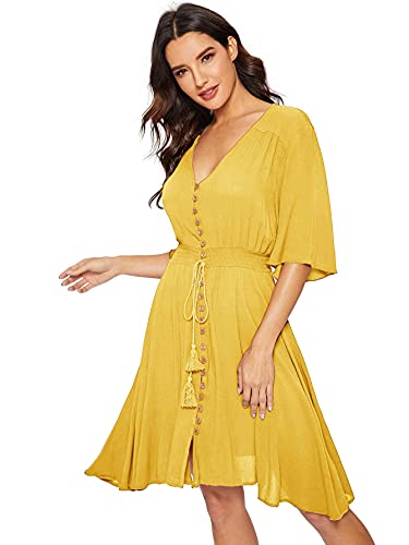 Milumia Women s Boho Button Up Split Solid Vintage Flowy Party Dress Yellow XX-Large