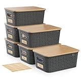 Viphope 5 Quart Plastic Storage Bin with Bamboo Lid, Stackable Decorative Storage Basket Box Containers with Label for Organizing shelves Closet...