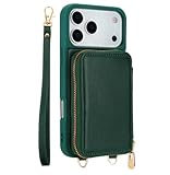 GSASMU Funda Tipo Cartera de Cuero con Cremallera para iPhone 17 Air 16e 16 Pro MAX 15 Plus 14 13 12 11 con cordón Largo y Ranuras para Tarjetas (para iPhone 13 Pro/Verde)