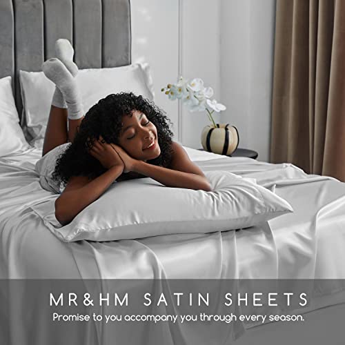 Image of MR&HM Satin Bed Sheets, Queen Size Sheets Set, 6 Pcs Silky Bedding Set with 15 Inches Deep Pocket for Mattress (Queen, Silver Grey)
