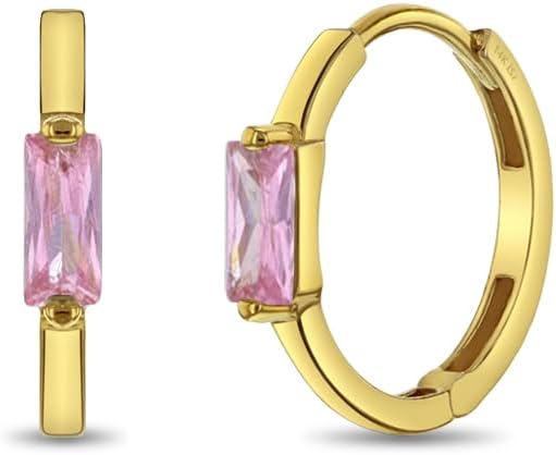 14k Yellow Gold Toddlers and Little Girls Baguette Cut Cubic Zirconia Hoop Earrings 9mm - Stylish and Simple CZ Hoop Earrings For Young Girls - Classic Accessories for Young Girls Special Occasion
