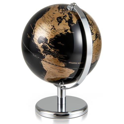 LIFEZEAL Globe terrestre antique de 20 cm avec pied en métal argenté - Pour étudiants et adultes - Décoration pour salle de classe, maison, bureau (Noir+Doré)