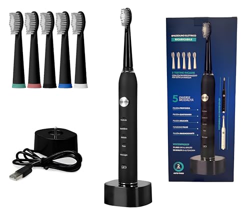 Cepillo de dientes eléctrico recargable profesional 31000 oscilaciones por minuto, 5 cabezales base de carga, 5 modos de cepillado, batería de larga duración, protección profesional rotativa y