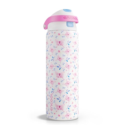 Image of ENCOOL Leakproof Insulated Water Bottle with Straw Dual-Sip Water Bottle Bag-Safe Design for Work, Commute & Gym - Keeps Drinks Cold All Day, 32 oz, Blossom Butterfly