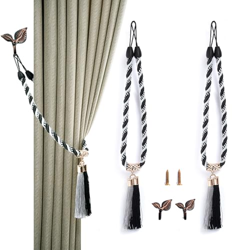 CurtainTassel Tiebacks, Curtain fixator, Suitable for Thin or Thick Curtains, Napoleon Style Curtain tie, tie and Hook Combination, Two Sets, Black