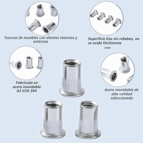 Miniatura 6 de Qancen 20 Piezas Tuercas Remachables M4, Tuercas De Cabeza Plana De Acero Inoxidable A2 V2a, Remaches Roscados Para Fijar Muebles, Decoraciones