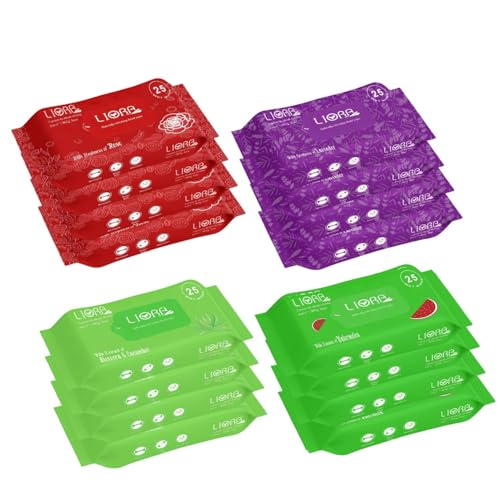 Liora Wet Wipes, Daily Cleansing, Refreshing & Moisturizing Facial Wipes | Aloe Vera Enriched | Rose, Lavender, Watermelon & Cucumber | Anti-Acne, Biodegradable | 25 Wipes Each, Pack of 12 (300 Wipes)