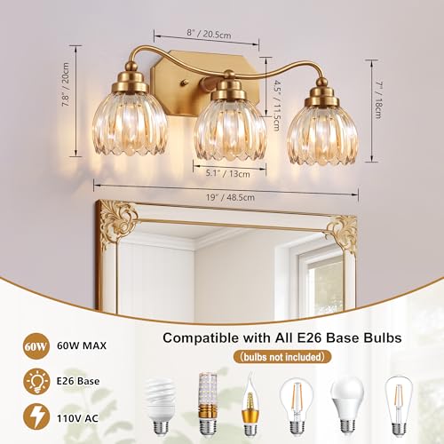 Image of Vintage Bathroom Light Fixtures, 3 Light Gold Bathroom Vanity Light, Matte Antique Brass Finish with Amber Crystal Glass Shade, Wall Sconces Lighting for Bedroom, Living Room（Amber-colored Glass）