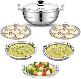 QSEC 3-layer triply base stainless steel idli maker Multi Kadai idly Steamer dhokla cooker | 3 layer thick Base All-in-One Big Size with 5 Plate | 2 idli | 2 Dhokla | 1 Patra | Induction & Gas stove Compatible | Sandwich Bottom Multipurpose kadai