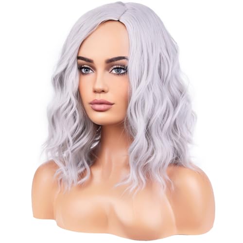 Image of BERON Silver Wigs for Women Girls Short Curly Wavy Wig Grey 14 inch Body Wave Halloween Cosplay Daily Party Wigs