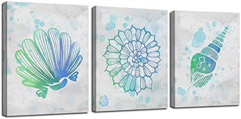 Ardemy Canvas Wall Art Abstract Watercolor Seashell Blue Beach Painting 3 Panels Modern Simplicity Pictures Stretched and Framed for Bedroom Bathroom Nursery Room Decorations, 12"x16"x3 PCS